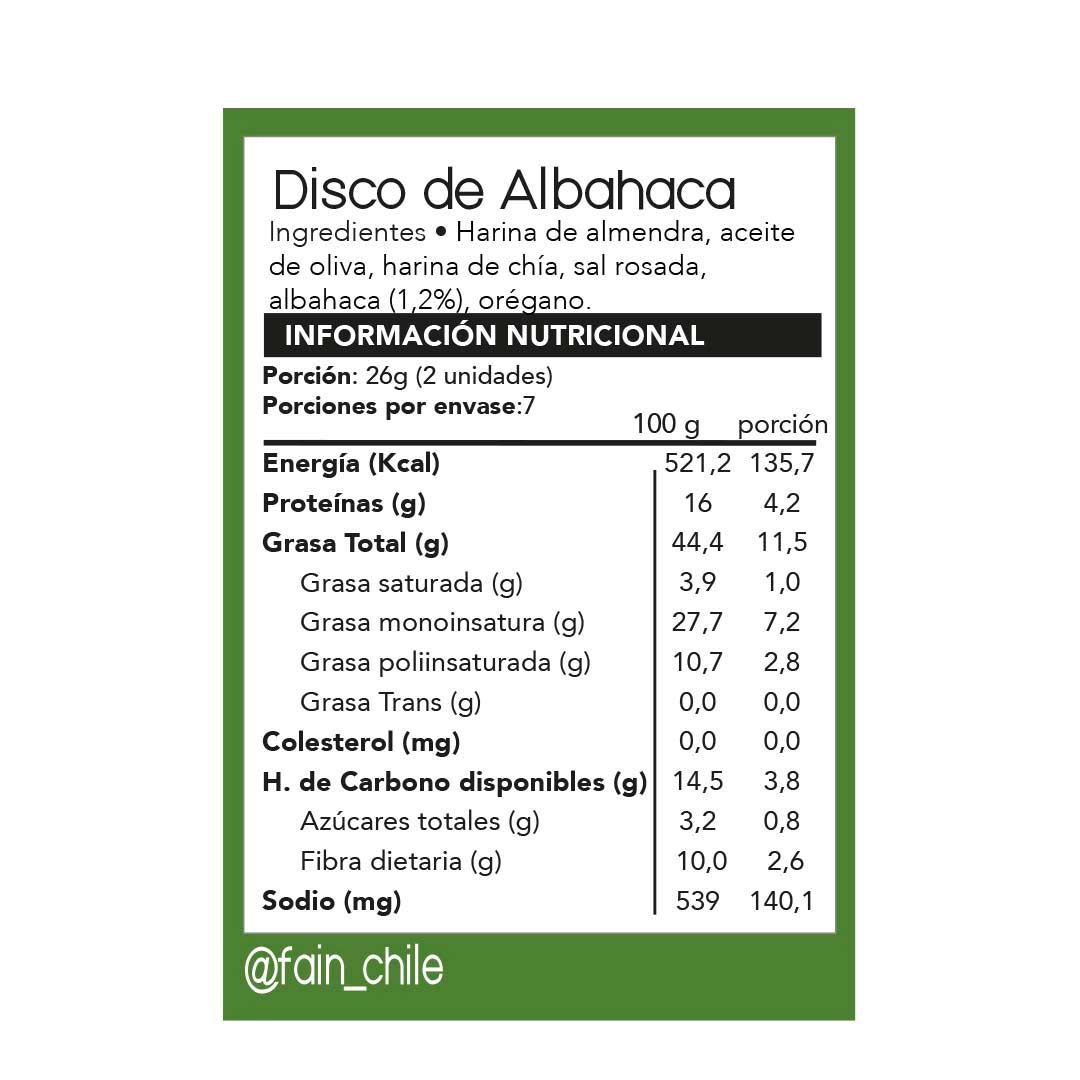 info nutricional de la galleta, disco de albahaca