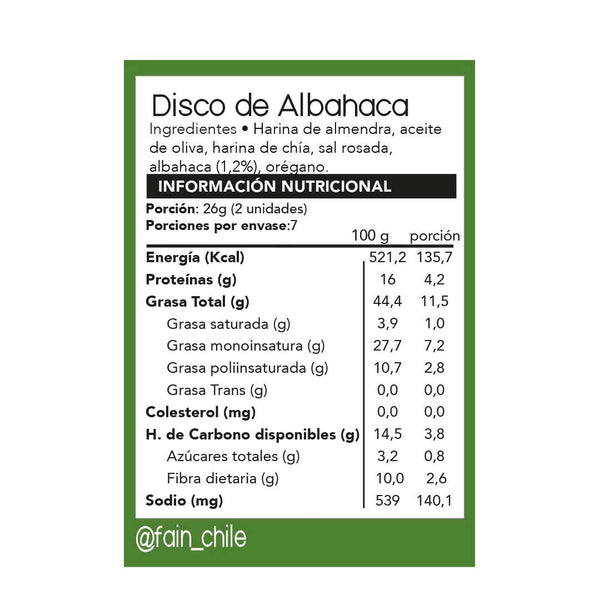 info nutricional de la galleta, disco de albahaca